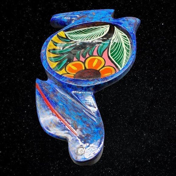Mexican Folk Art Hand Painted Wood Animal Bird Trinket Dish Bowl  1”T 9.5”L - Picture 7 of 8